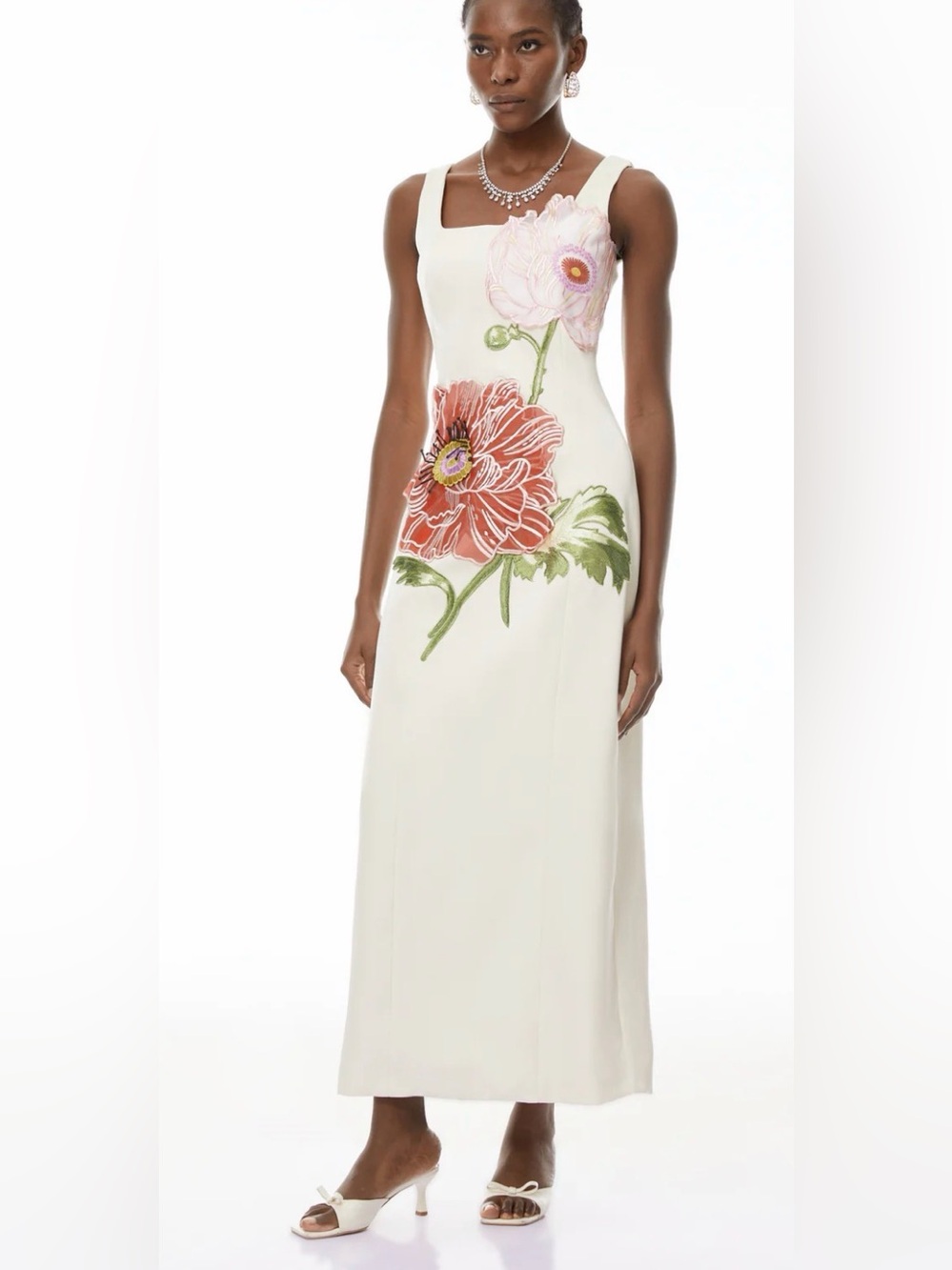 Ivory Floral Embroidered Maxi Dress with Square Neck